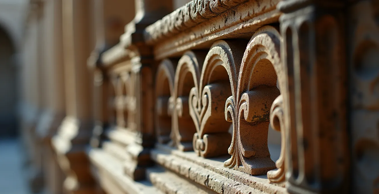 Détail architectural en gros plan montrant la richesse des textures et ornements