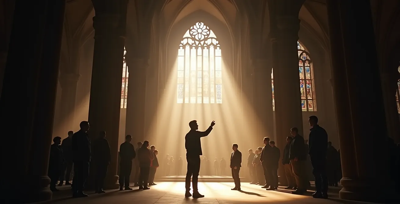 Guide conférencier expliquant l'architecture d'une cathédrale à un groupe attentif