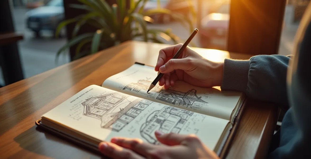 Main tenant un carnet de voyage avec croquis et notes culturelles