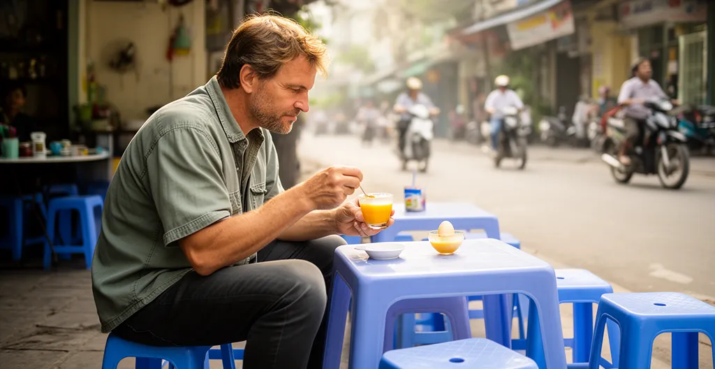 Moment de pause café dans une rue vietnamienne, slow travel authentique