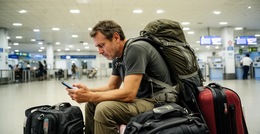 Voyageur fatigué consultant son téléphone dans une gare vietnamienne, épuisement du voyage