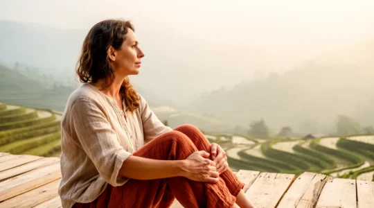 Voyageuse contemplant les rizières du Vietnam depuis une terrasse, moment de pause slow travel
