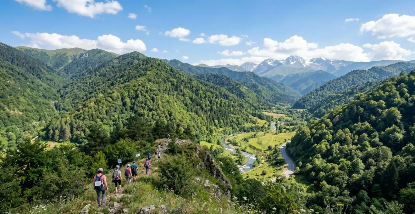 Vue panoramique sur des montagnes boisées arméniennes avec des sommets en arrière-plan sous un ciel lumineux