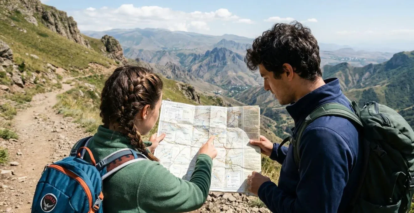 Deux personnes vues de dos consultent une carte dépliée sur un sentier de montagne arménien, avec un paysage de sommets en arrière-plan