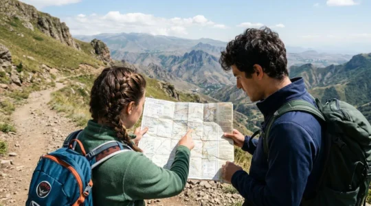 Deux personnes vues de dos consultent une carte dépliée sur un sentier de montagne arménien, avec un paysage de sommets en arrière-plan